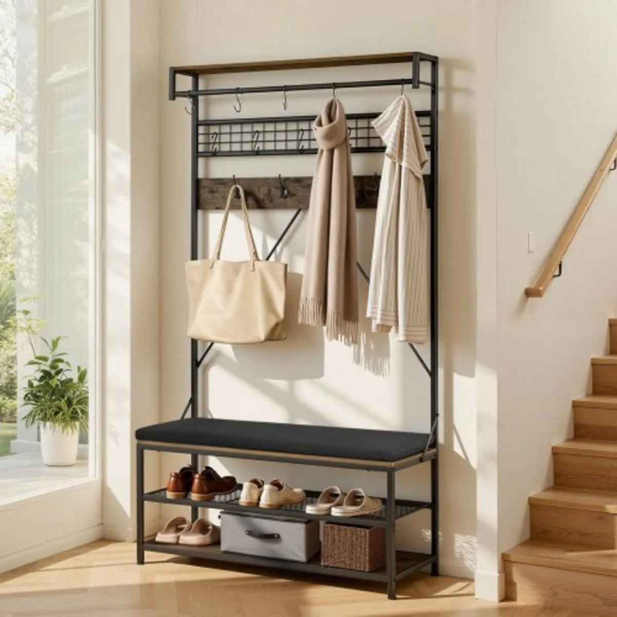Hall Tree, 1830 mm Coat Rack with Shoe Bench, 2-Ti - Image 1