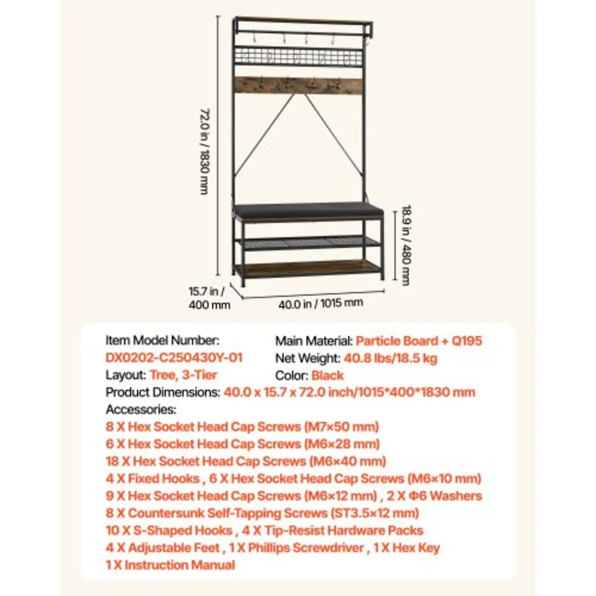 Hall Tree, 1830 mm Coat Rack with Shoe Bench, 2-Ti - Image 4
