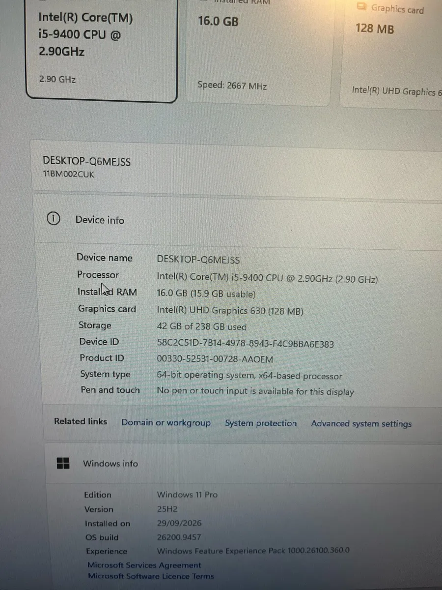 Lenovo v530s i5-9400/16gb ram/250ssd/Win 11/Wifi - Image 3