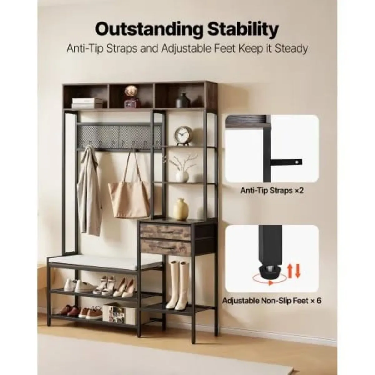 Hall Tree, 1800 mm Coat Rack with Shoe Bench & 2 D - Image 4