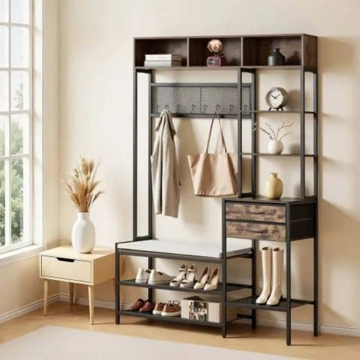 Hall Tree, 1800 mm Coat Rack with Shoe Bench & 2 D - Image 1