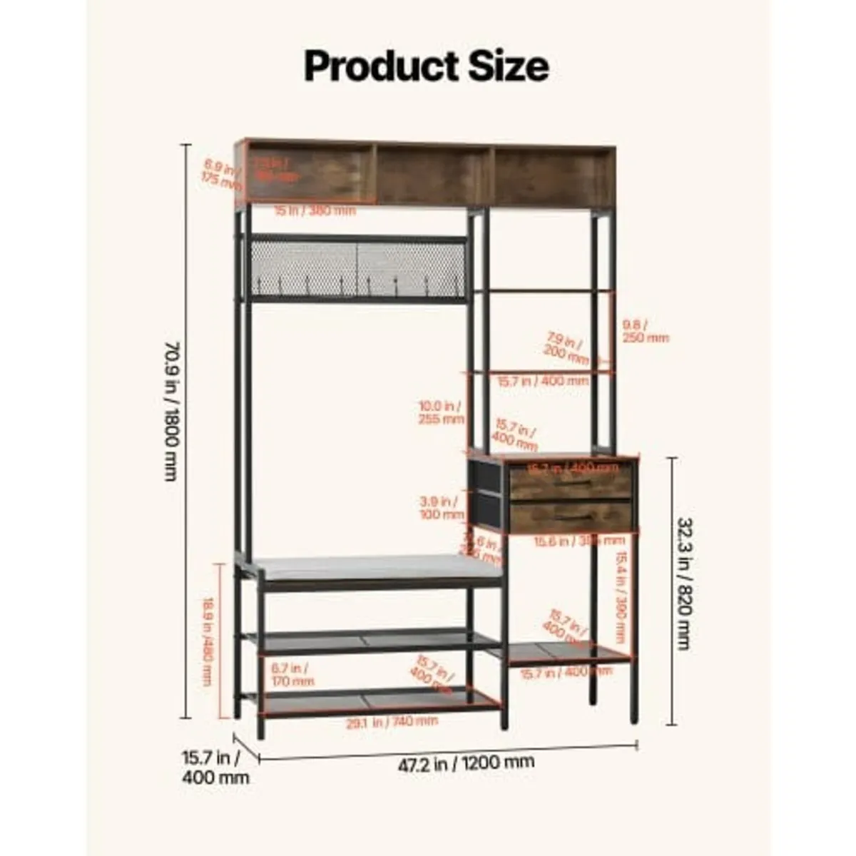 Hall Tree, 1800 mm Coat Rack with Shoe Bench & 2 D - Image 2