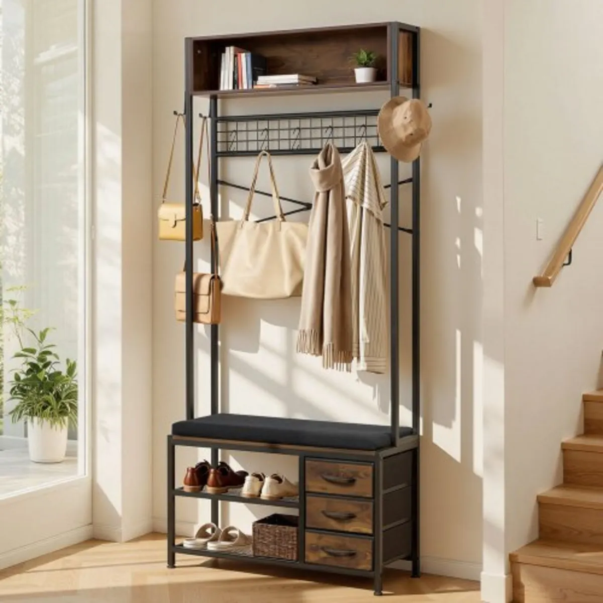 Hall Tree, 1800 mm Coat Rack with Shoe Bench & 3 D - Image 1