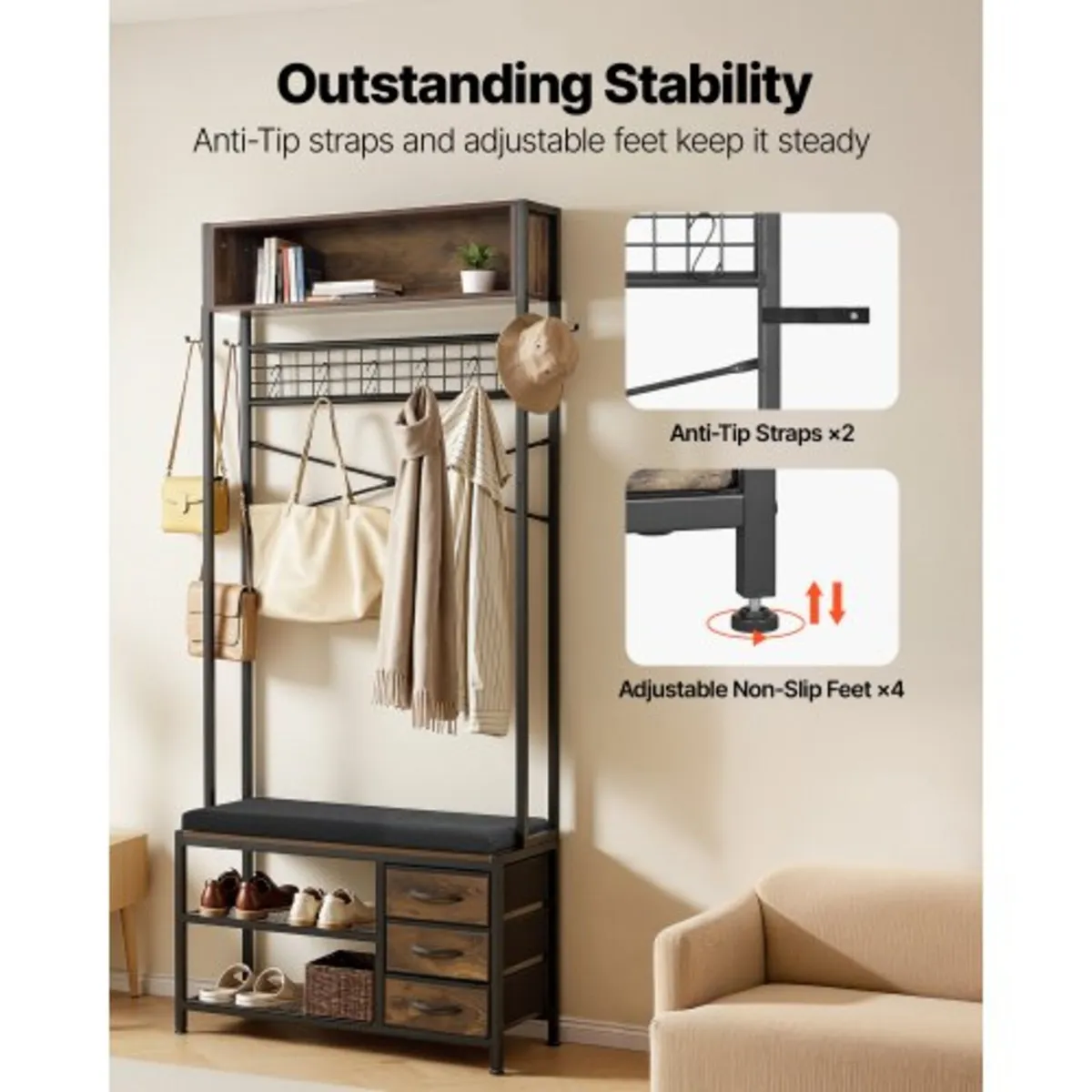 Hall Tree, 1800 mm Coat Rack with Shoe Bench & 3 D - Image 2