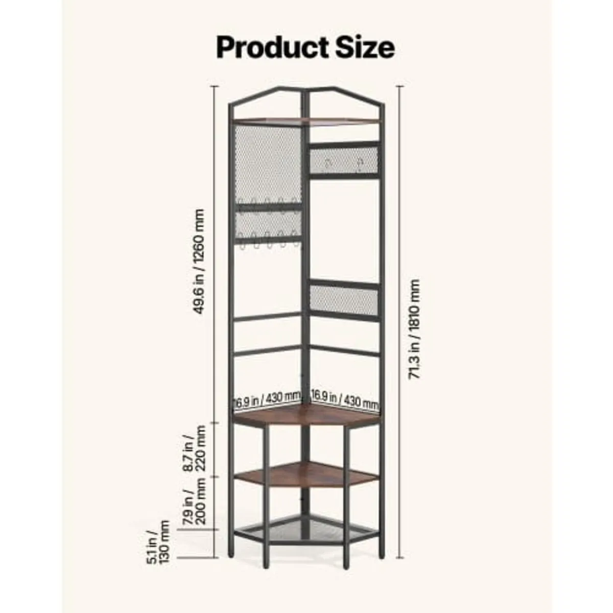 Corner Hall Tree, 1810 mm Coat Rack with Hooks, To - Image 2