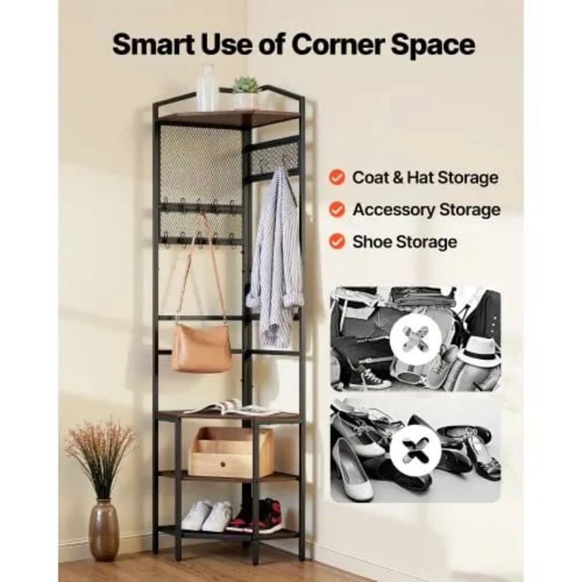 Corner Hall Tree, 1810 mm Coat Rack with Hooks, To - Image 4