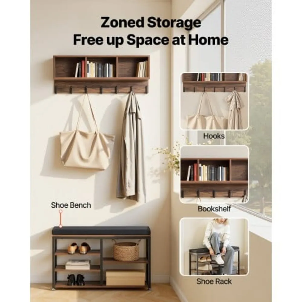 Coat Rack with Shoe Bench, 3-in-1 Shoe Coat Rack C - Image 3