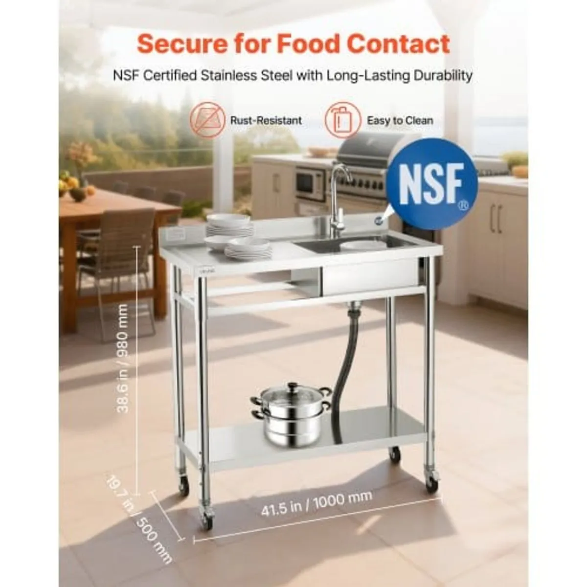 Stainless Steel Utility Sink, Rolling Single Bowl - Image 2