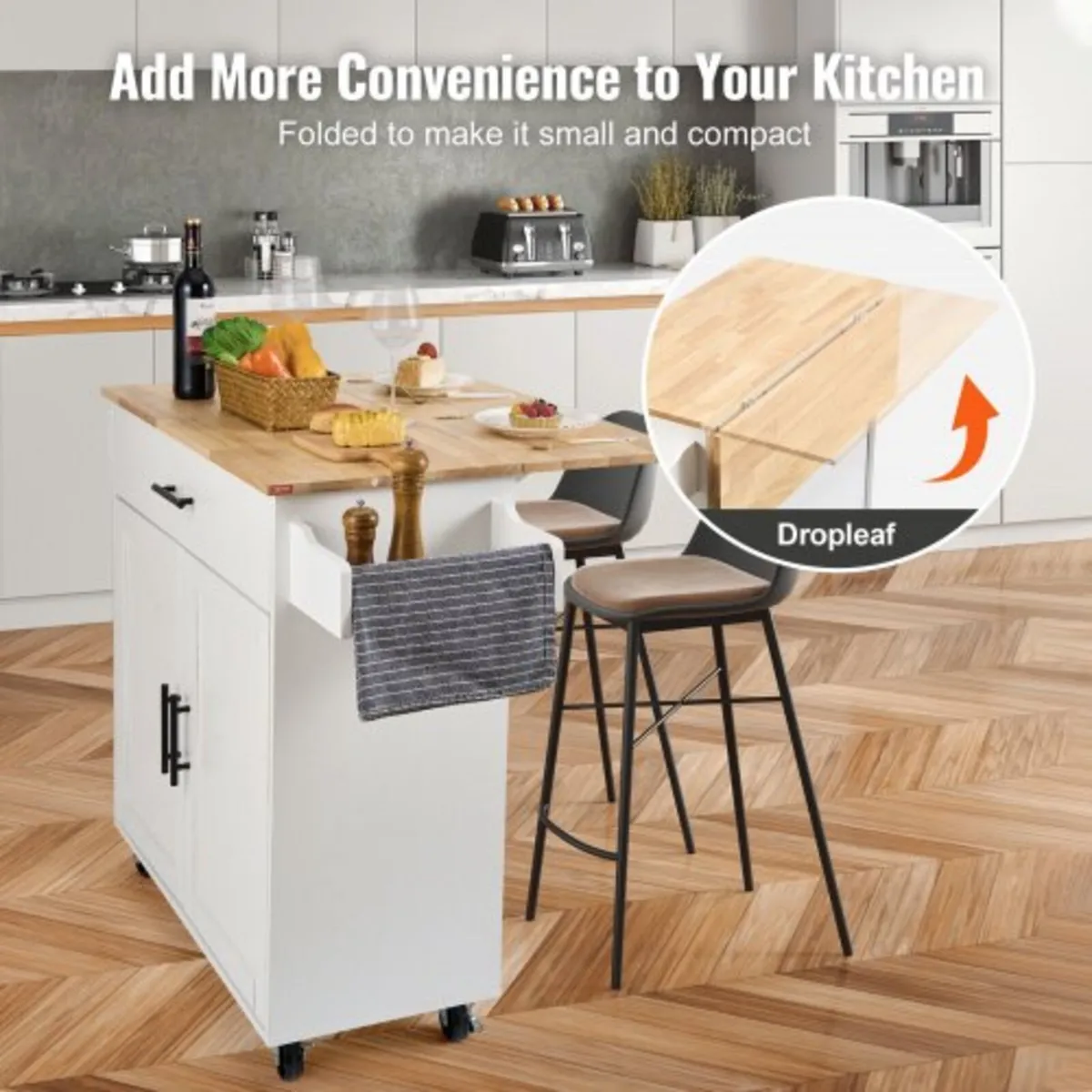 Kitchen Island Cart with Solid Wood Top, 90 cm Wid - Image 2