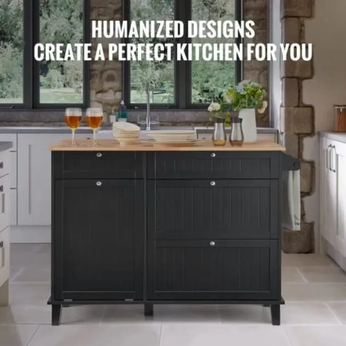 Kitchen Island Cart, 50" Wood Top Breakfast Bar wi - Image 3