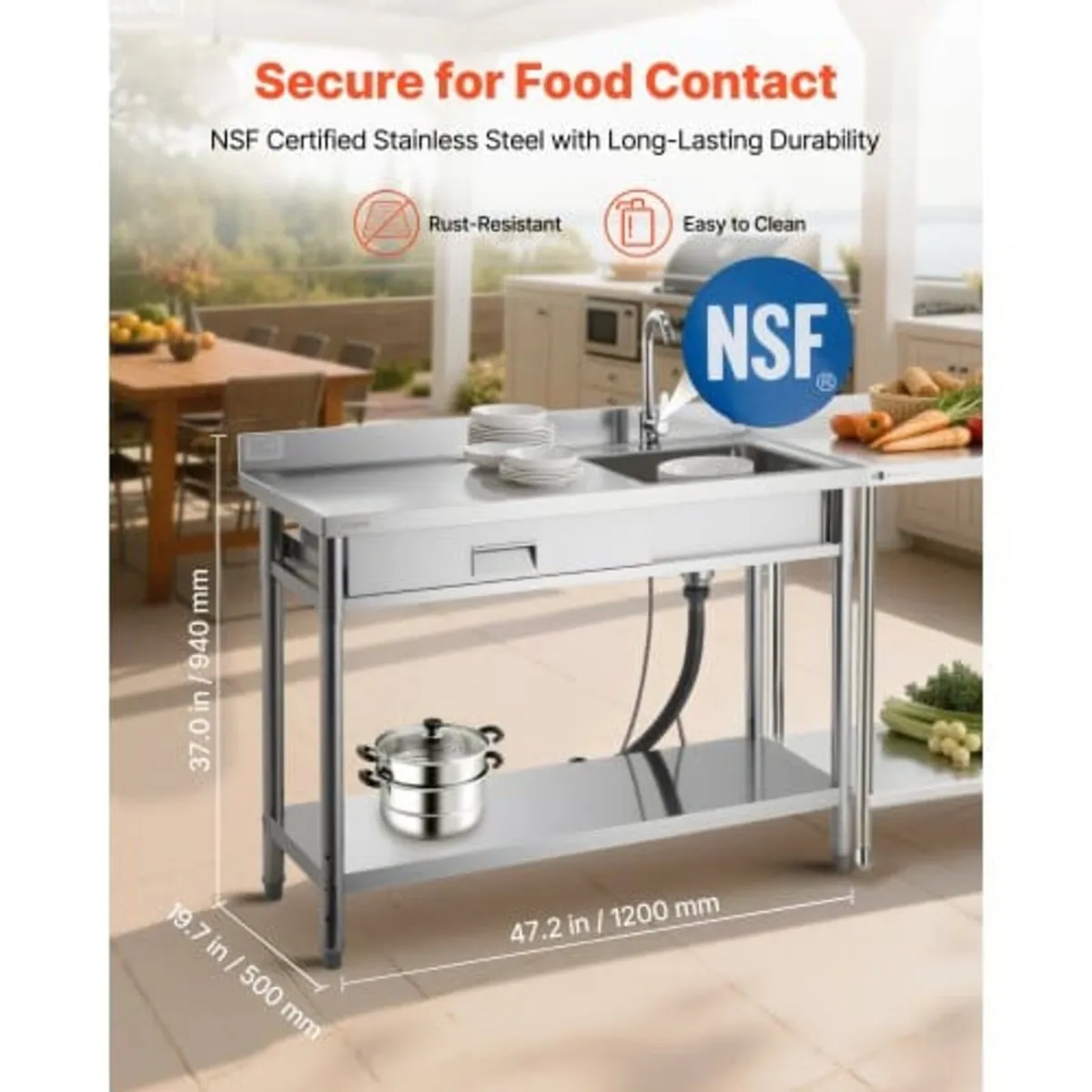 Stainless Steel Utility Sink, Rolling Single Bowl - Image 3