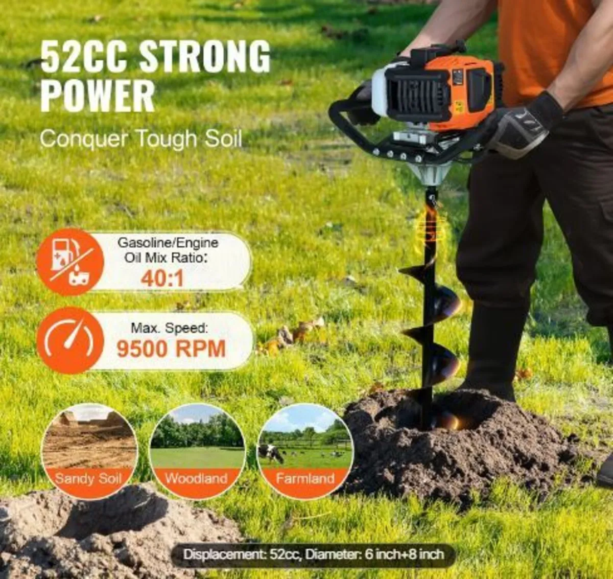 Post Hole Digger Gas Powered, 52CC 1450W - Image 2