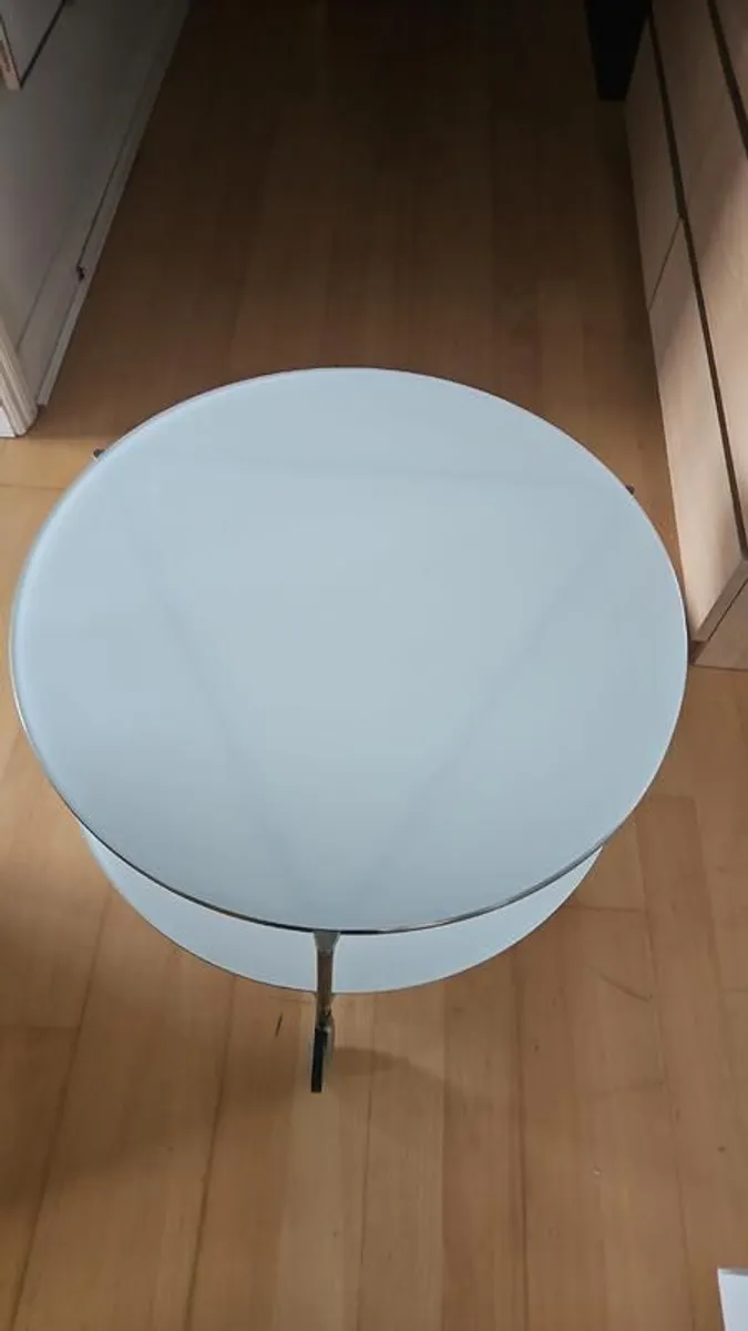 Coffee Table 2-tier , round , white glass , wheels - Image 1