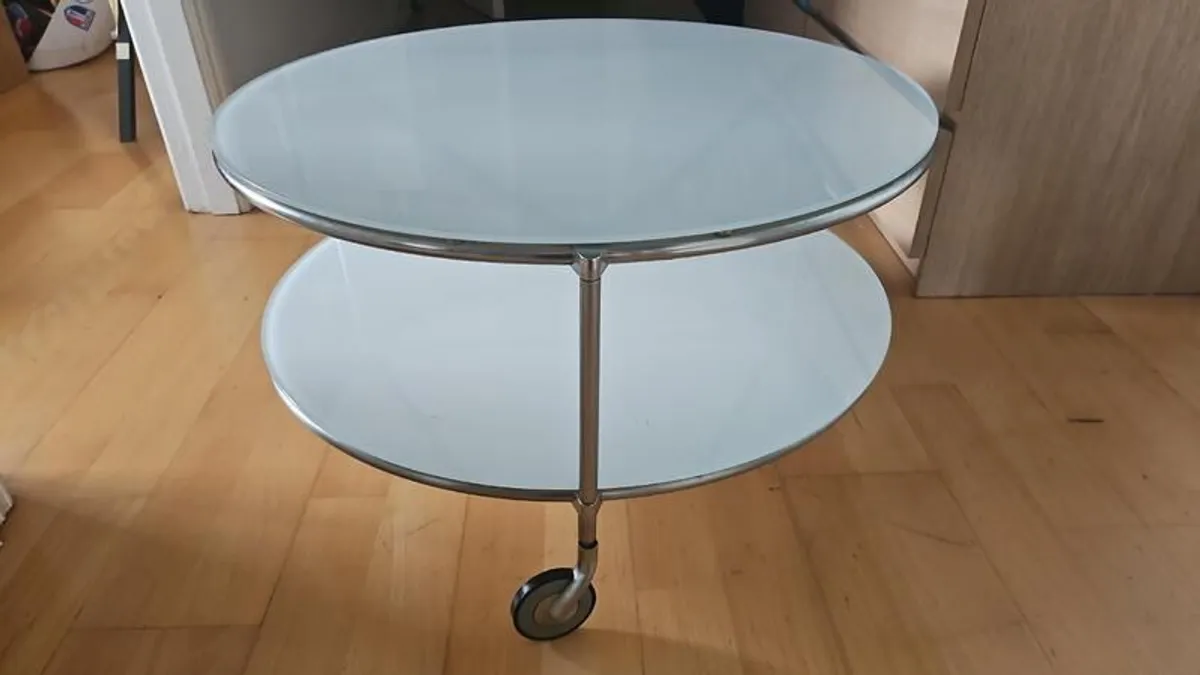 Coffee Table 2-tier , round , white glass , wheels - Image 2