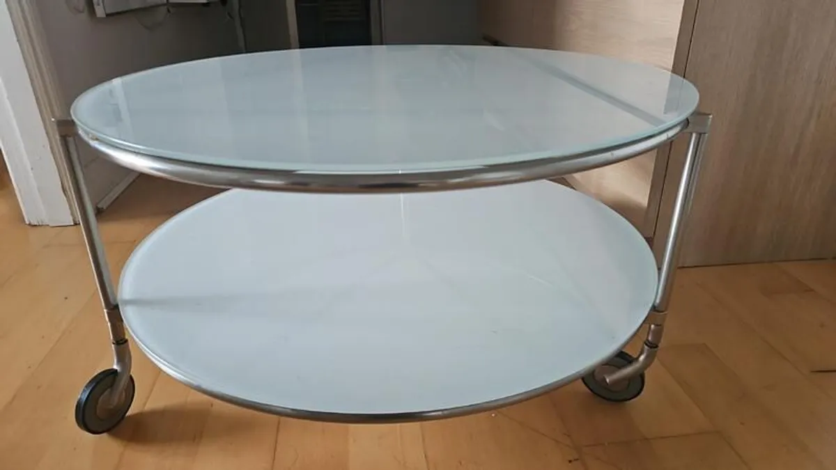 Coffee Table 2-tier , round , white glass , wheels - Image 3