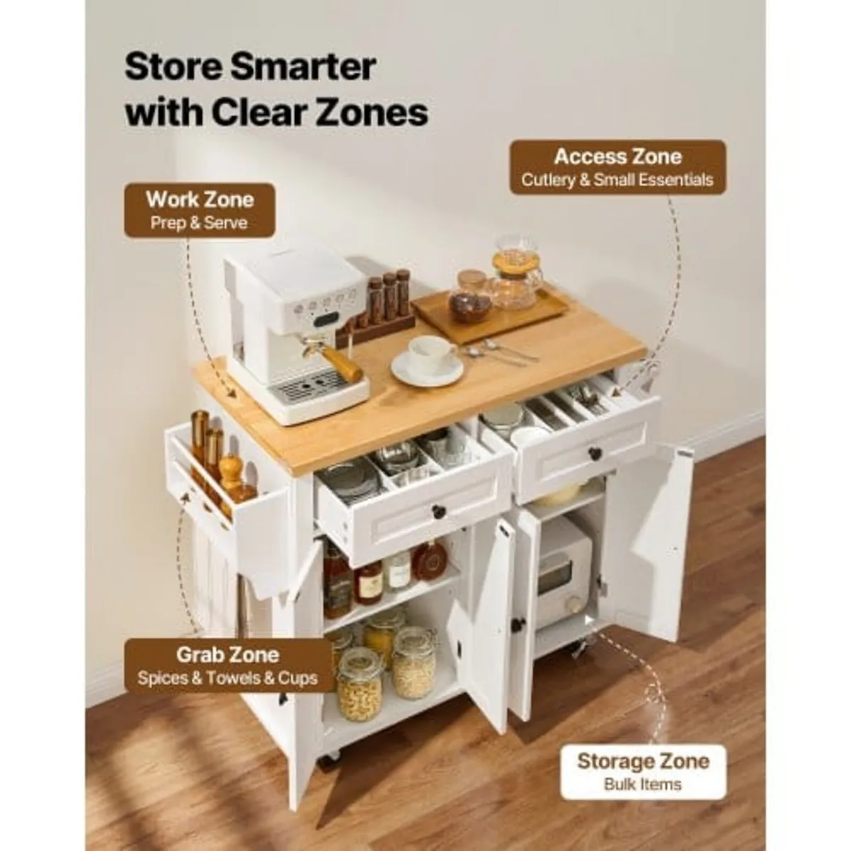 Kitchen Island Cart with Solid Wood Top, 90 cm Wid - Image 2
