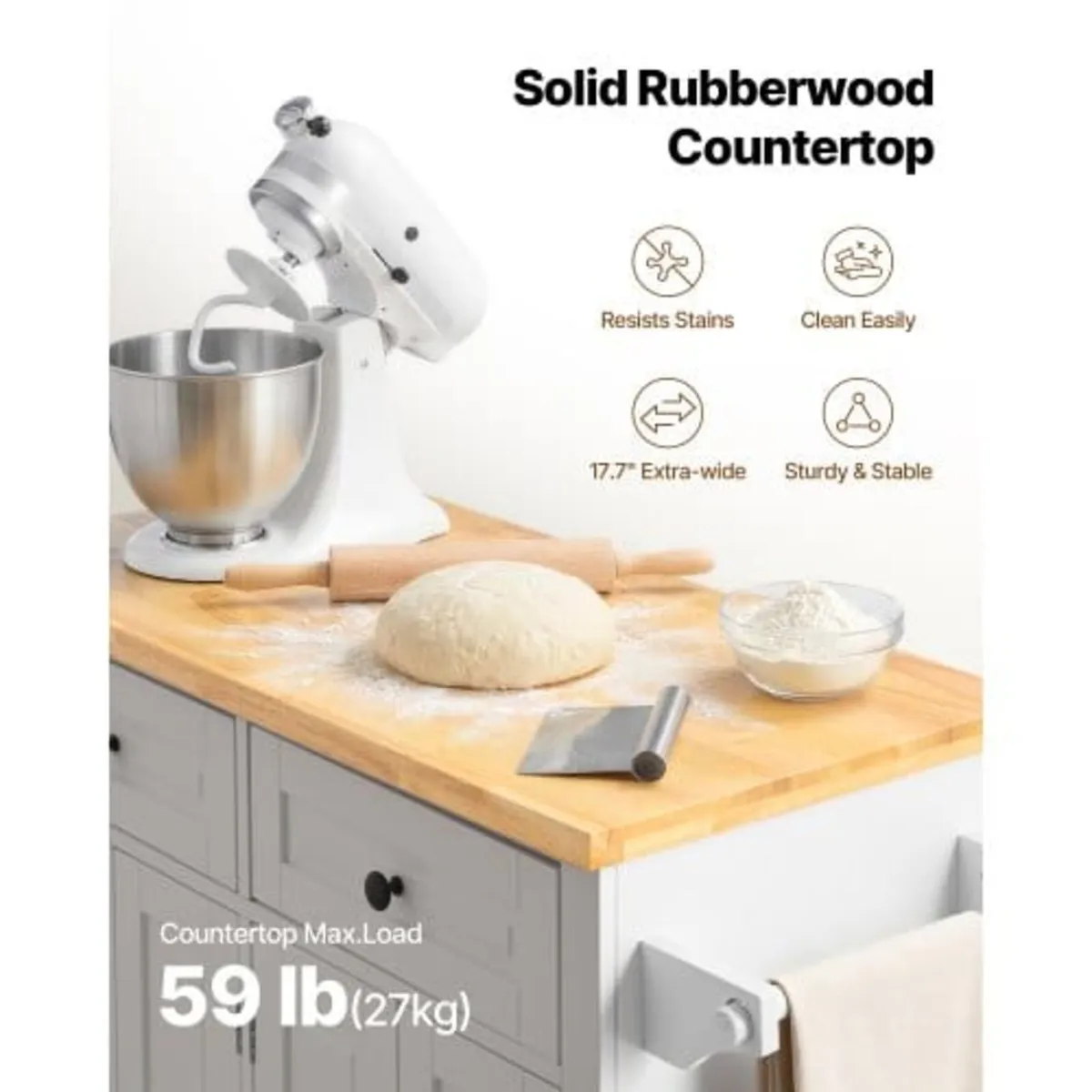 Kitchen Island Cart with Solid Wood Top, 90 cm Wid - Image 3