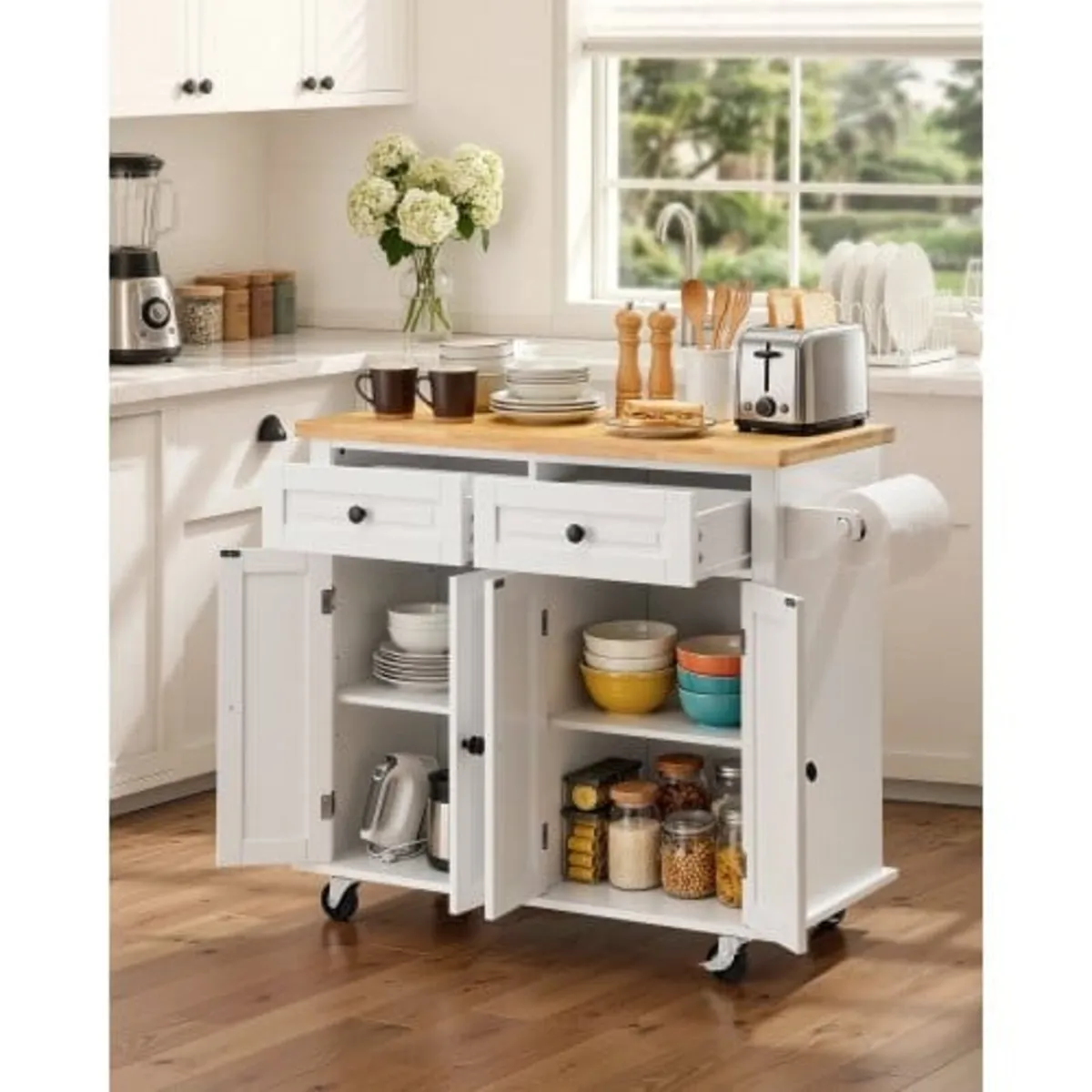 Kitchen Island Cart with Solid Wood Top, 90 cm Wid - Image 4