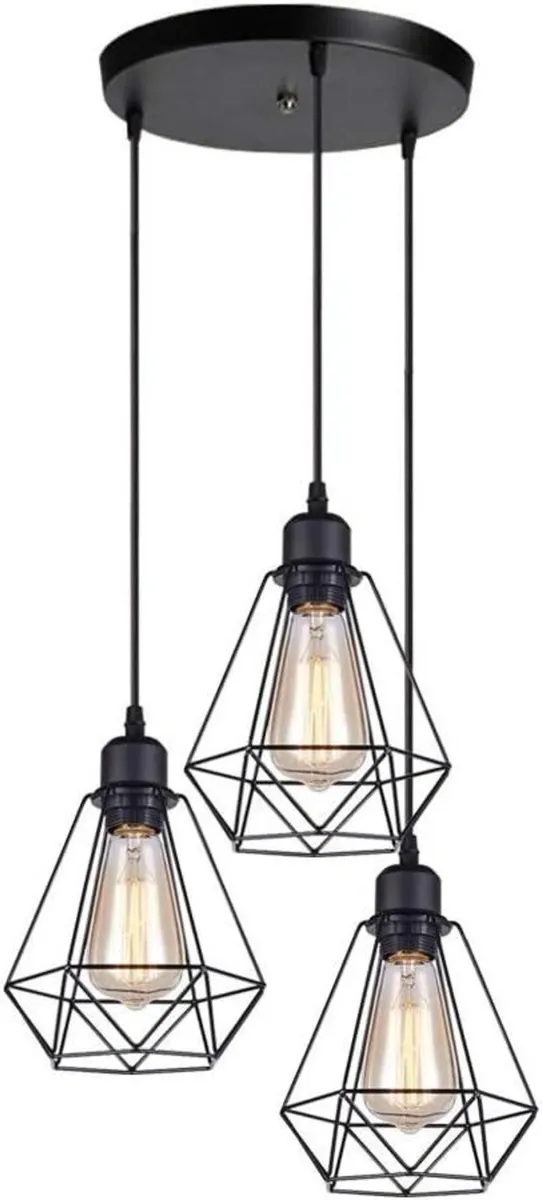 Black Metal Vintage Cage Pendant Light 3 Bulbs - Image 1
