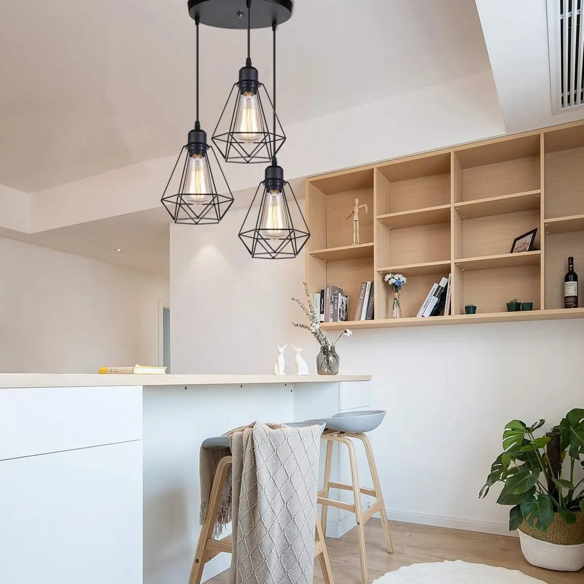 Black Metal Vintage Cage Pendant Light 3 Bulbs - Image 2