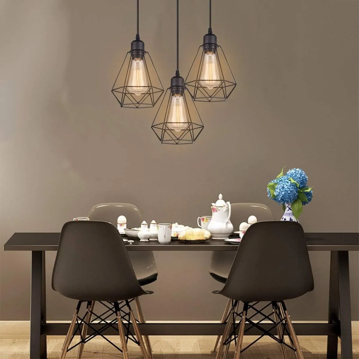 Black Metal Vintage Cage Pendant Light 3 Bulbs - Image 3