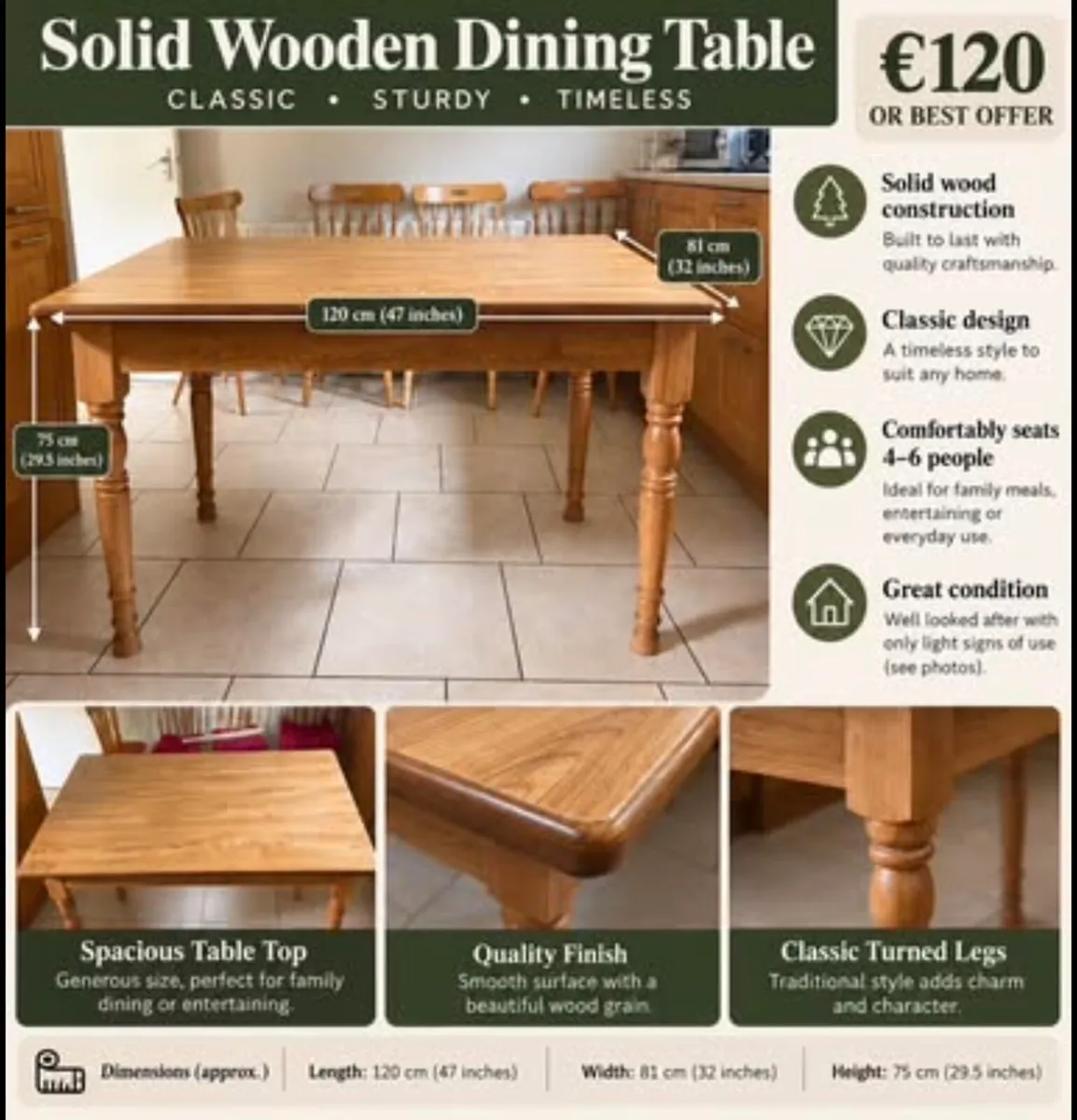 Solid Wood Dining Table – Excellent Condition