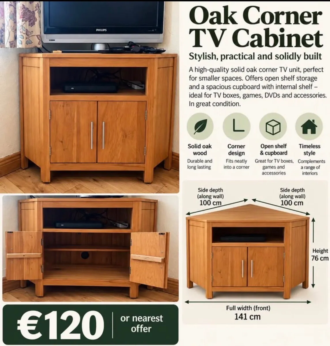 Solid Oak Corner TV Cabinet / TV Unit