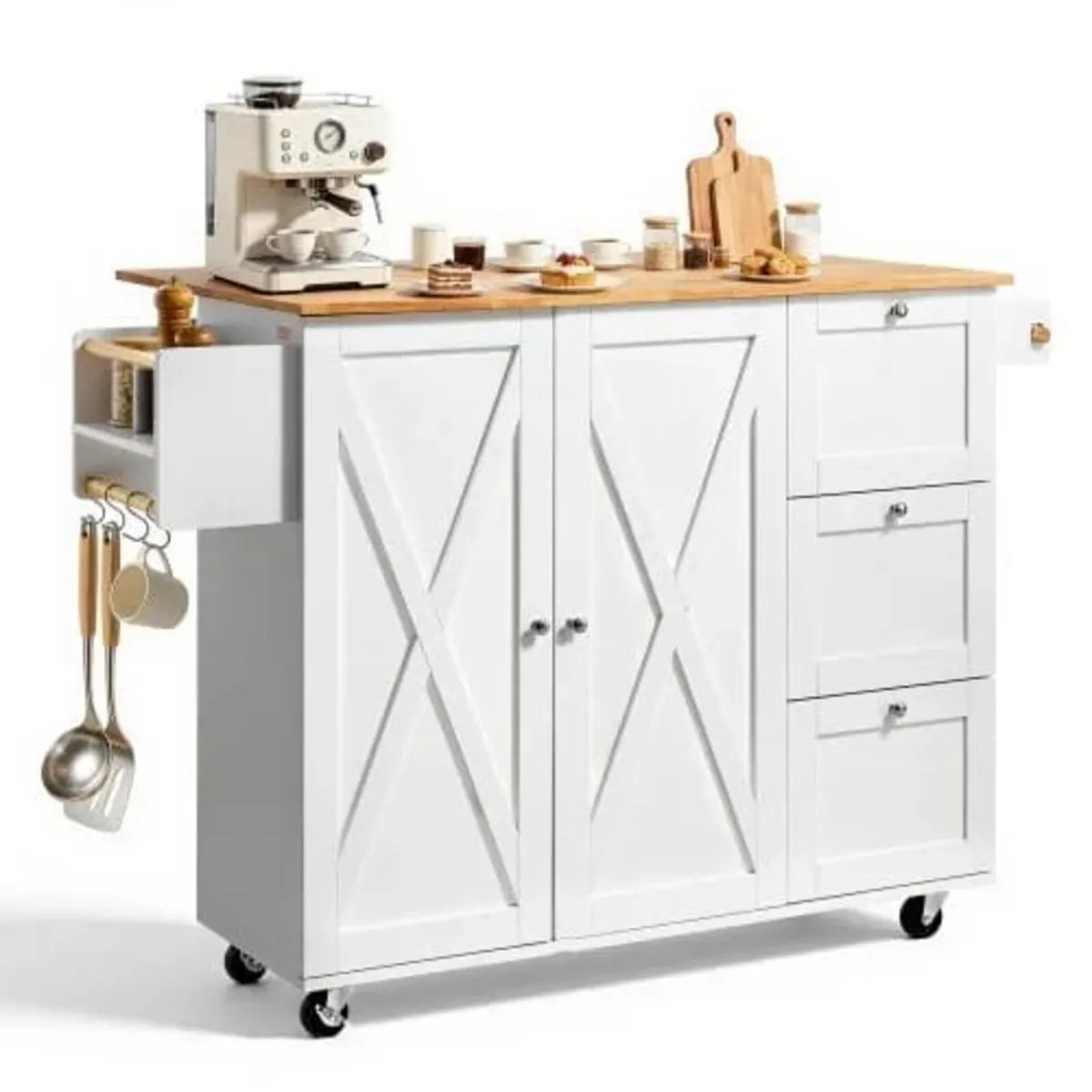 Kitchen Island Cart with Solid Wood Top, 115 cm Wi - Image 1