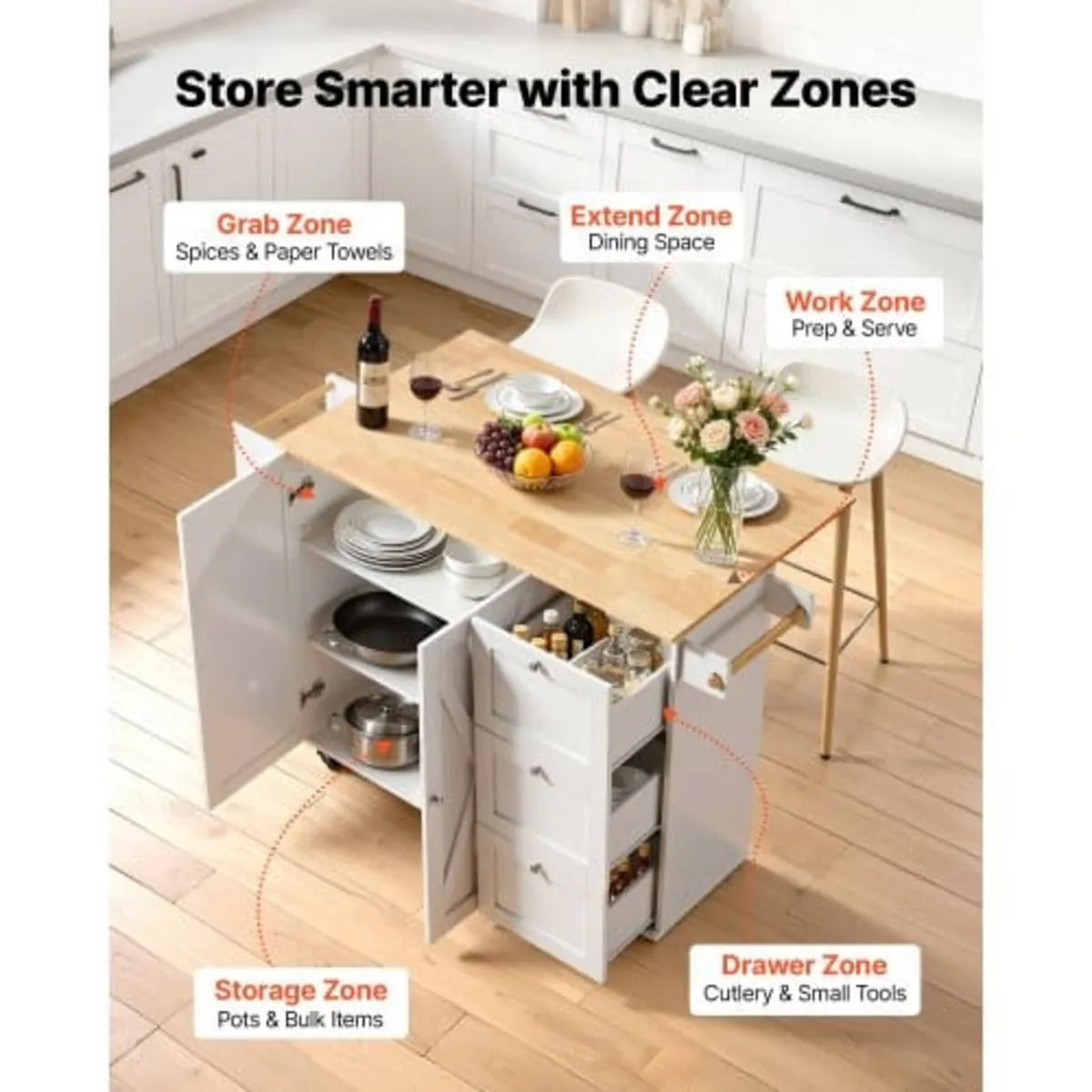 Kitchen Island Cart with Solid Wood Top, 115 cm Wi - Image 4