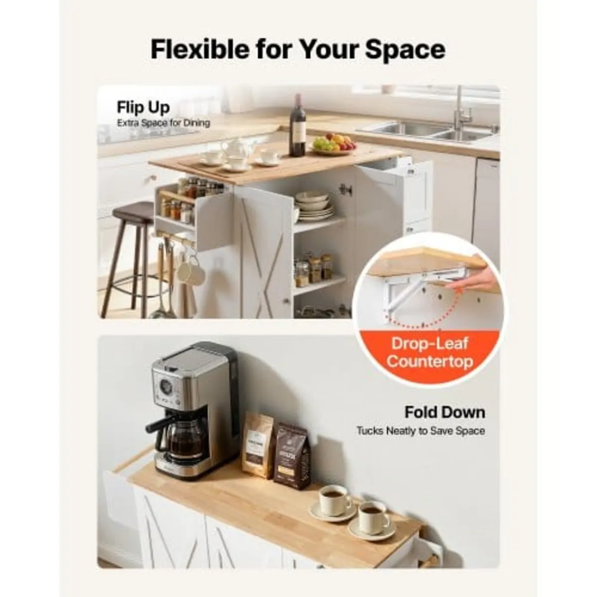 Kitchen Island Cart with Solid Wood Top, 115 cm Wi - Image 2