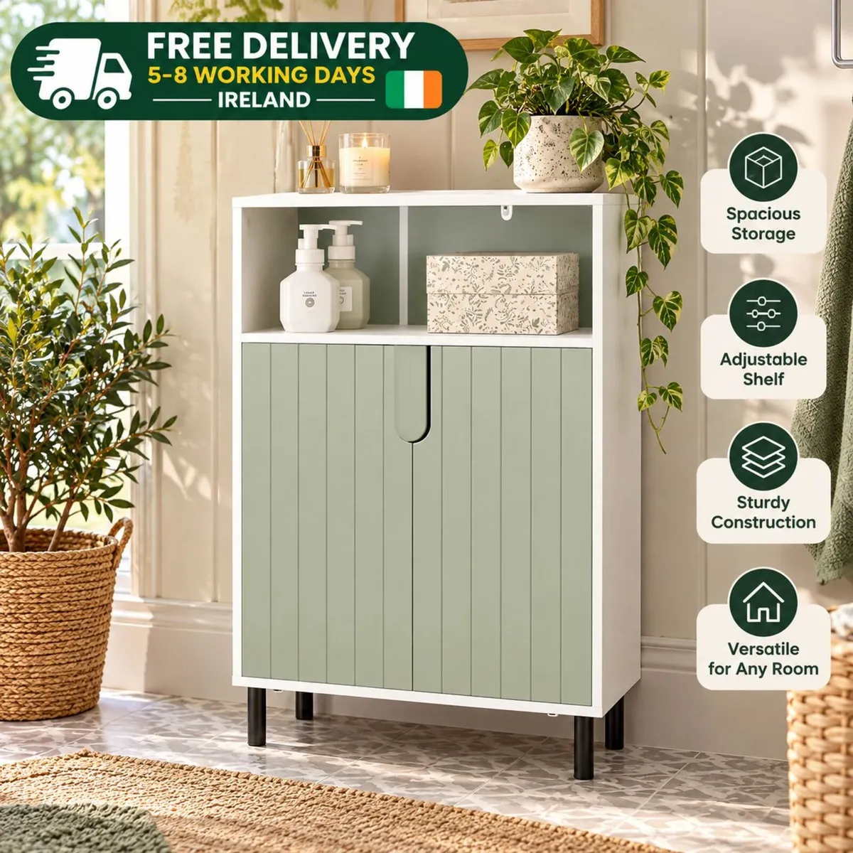 Modern Sage Green Storage Cabinet with Doors 60cm - Image 1