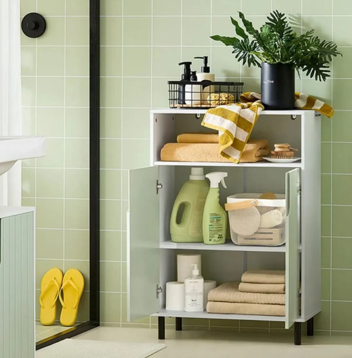 Modern Sage Green Storage Cabinet with Doors 60cm - Image 2
