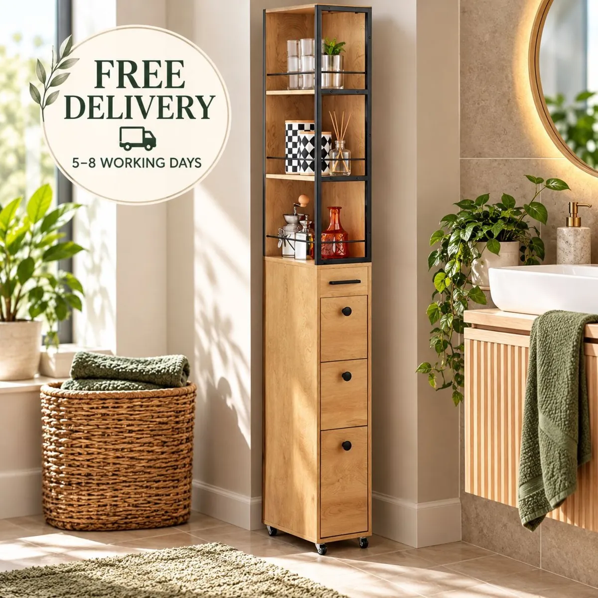 Slim Storage Cabinet with 3 Drawers and Wheels - Image 1