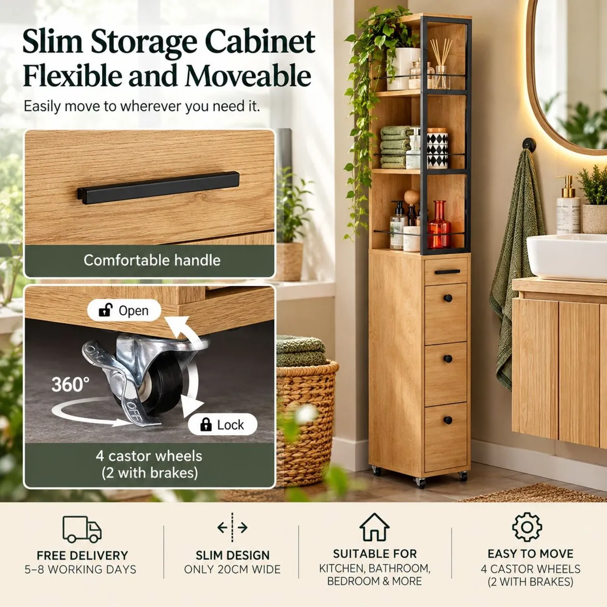 Slim Storage Cabinet with 3 Drawers and Wheels - Image 3