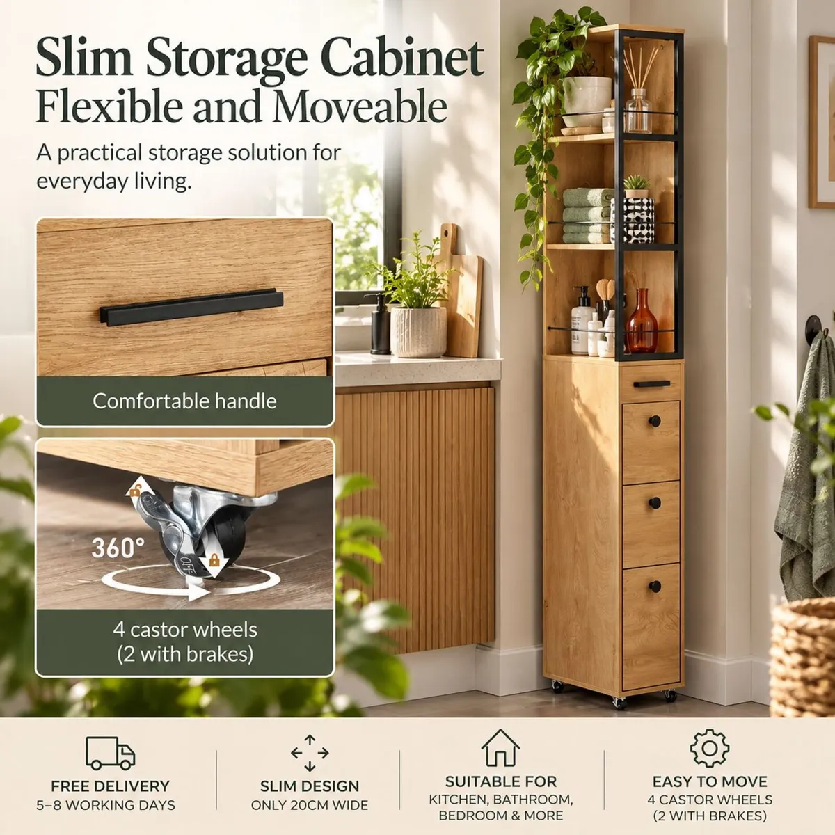 Slim Storage Cabinet with 3 Drawers and Wheels - Image 2