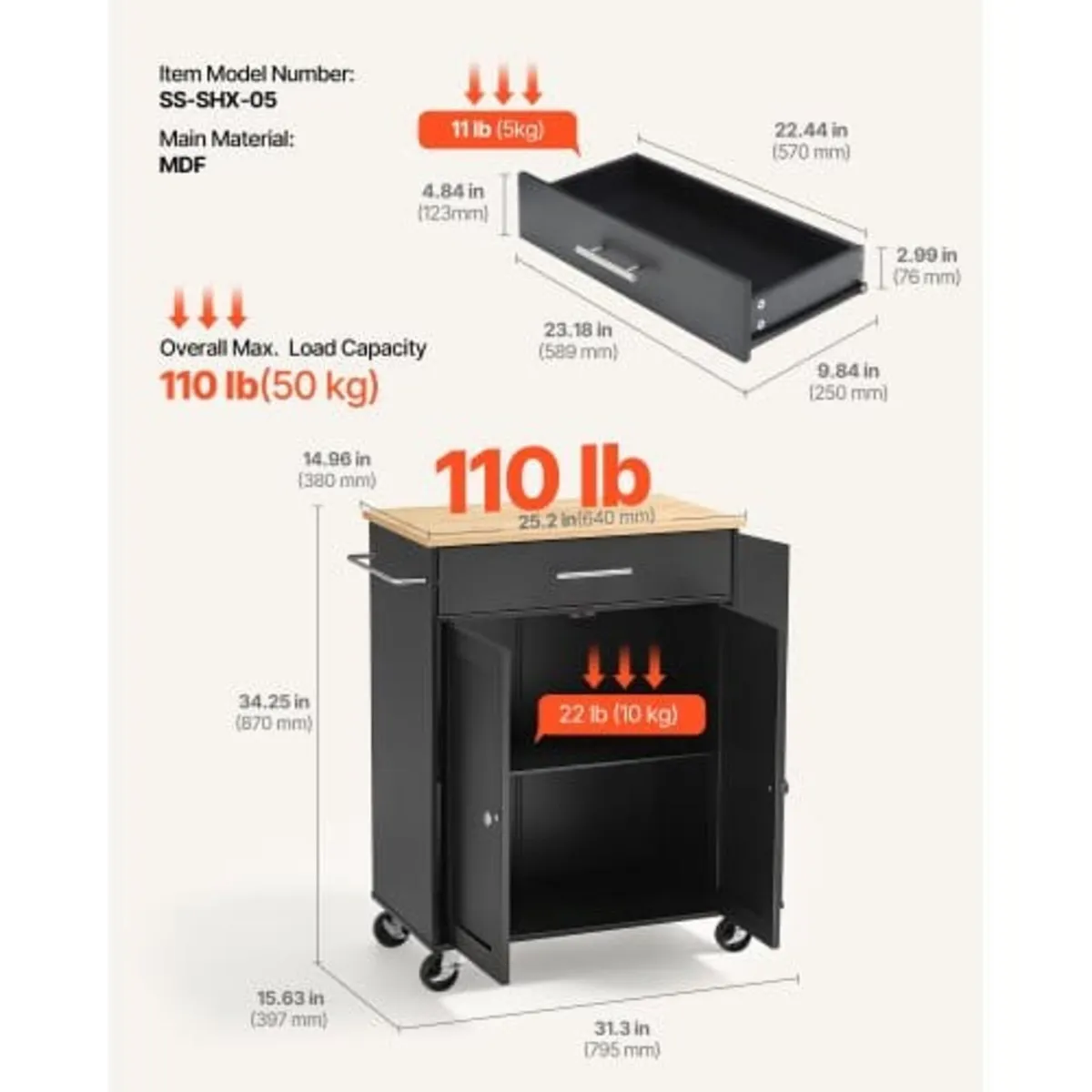 Kitchen Island Cart with Storage, 795 mm Wide Mobi - Image 2