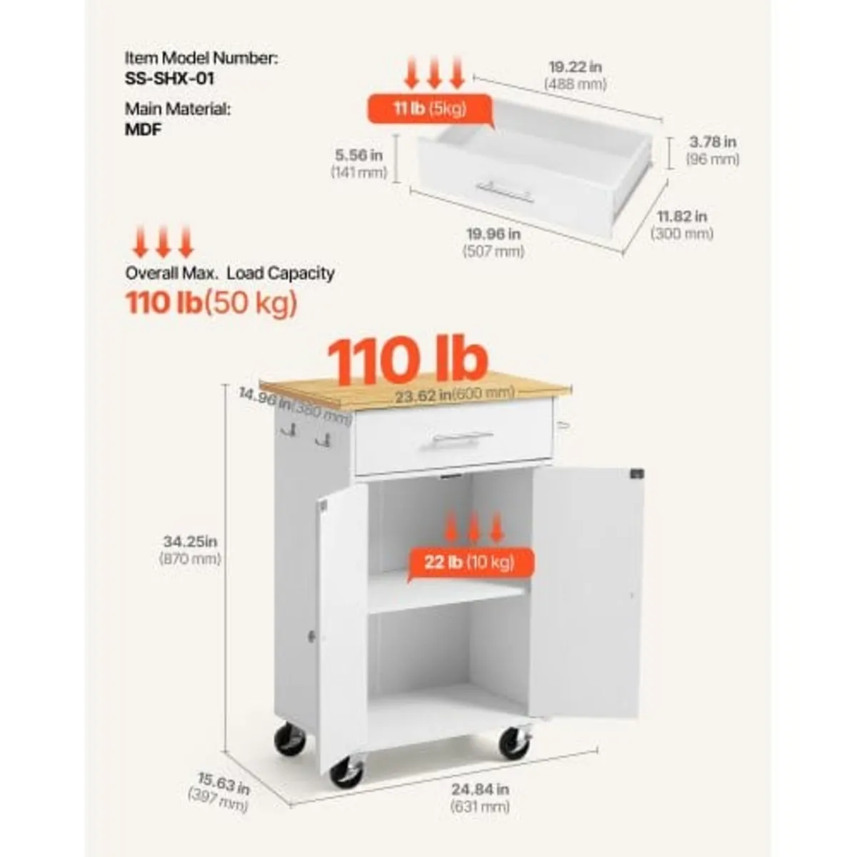 Kitchen Island Cart with Storage, 631 mm Wide Mobi - Image 3