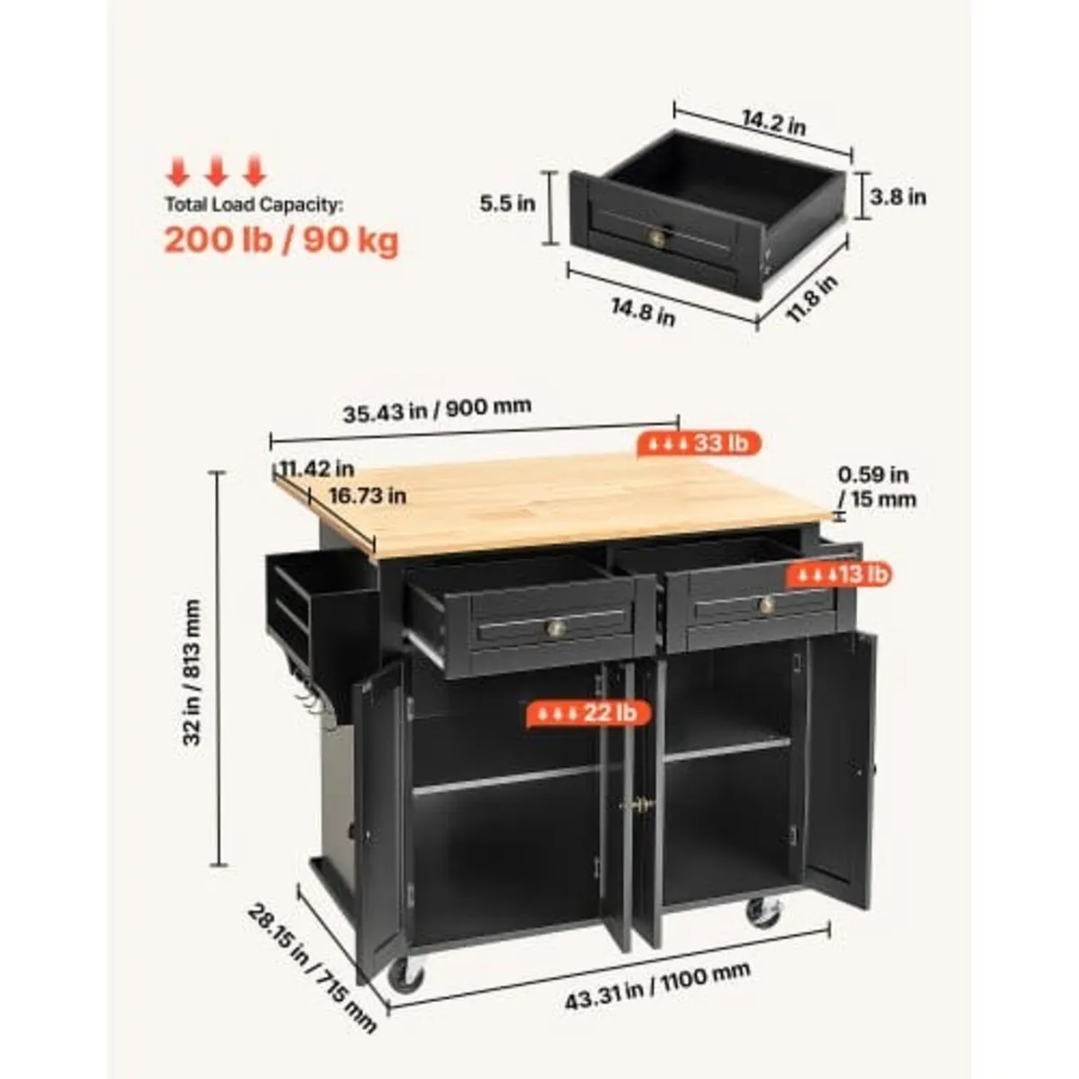 Kitchen Island Cart, 43" Wood Top Mobile Carts wit - Image 2
