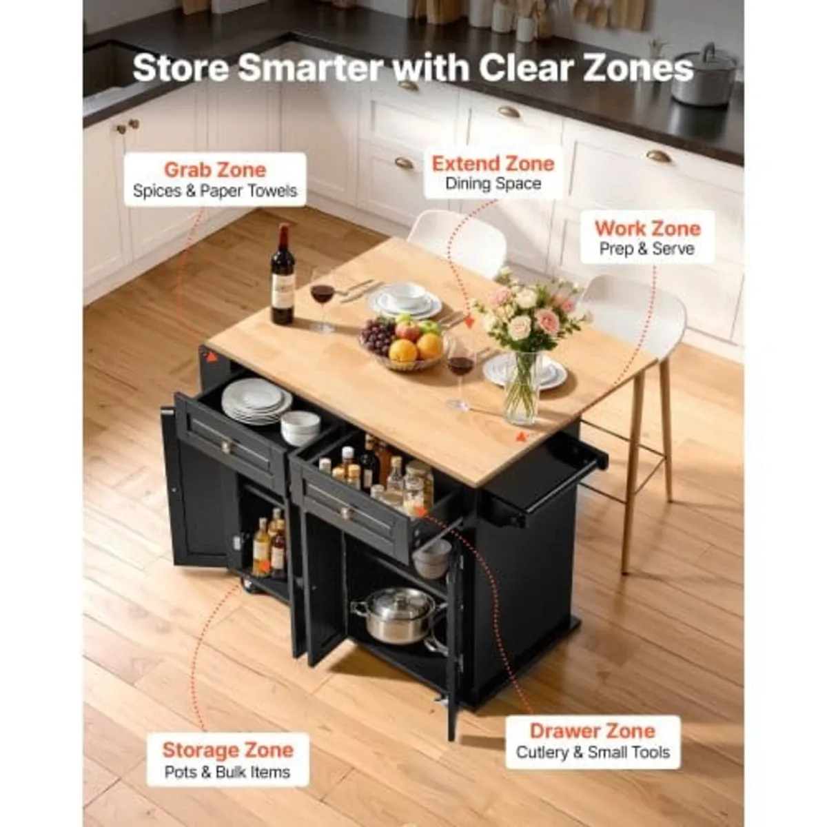 Kitchen Island Cart, 43" Wood Top Mobile Carts wit - Image 3