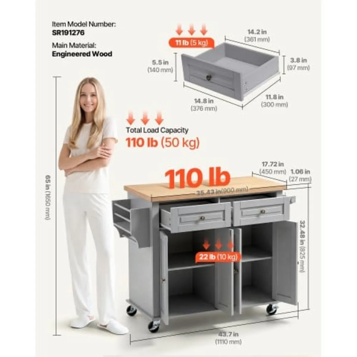 Kitchen Island Cart with Storage, 1110 mm Wide Mob - Image 2