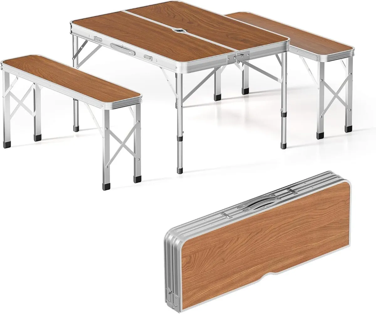 Camping Table Aluminium Folding Set with 2 Benches - Image 1