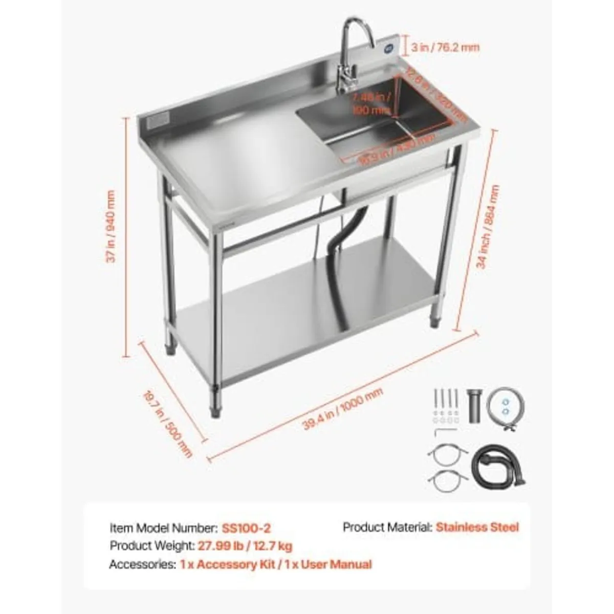 Stainless Steel Utility Sink, Free Standing Single - Image 3