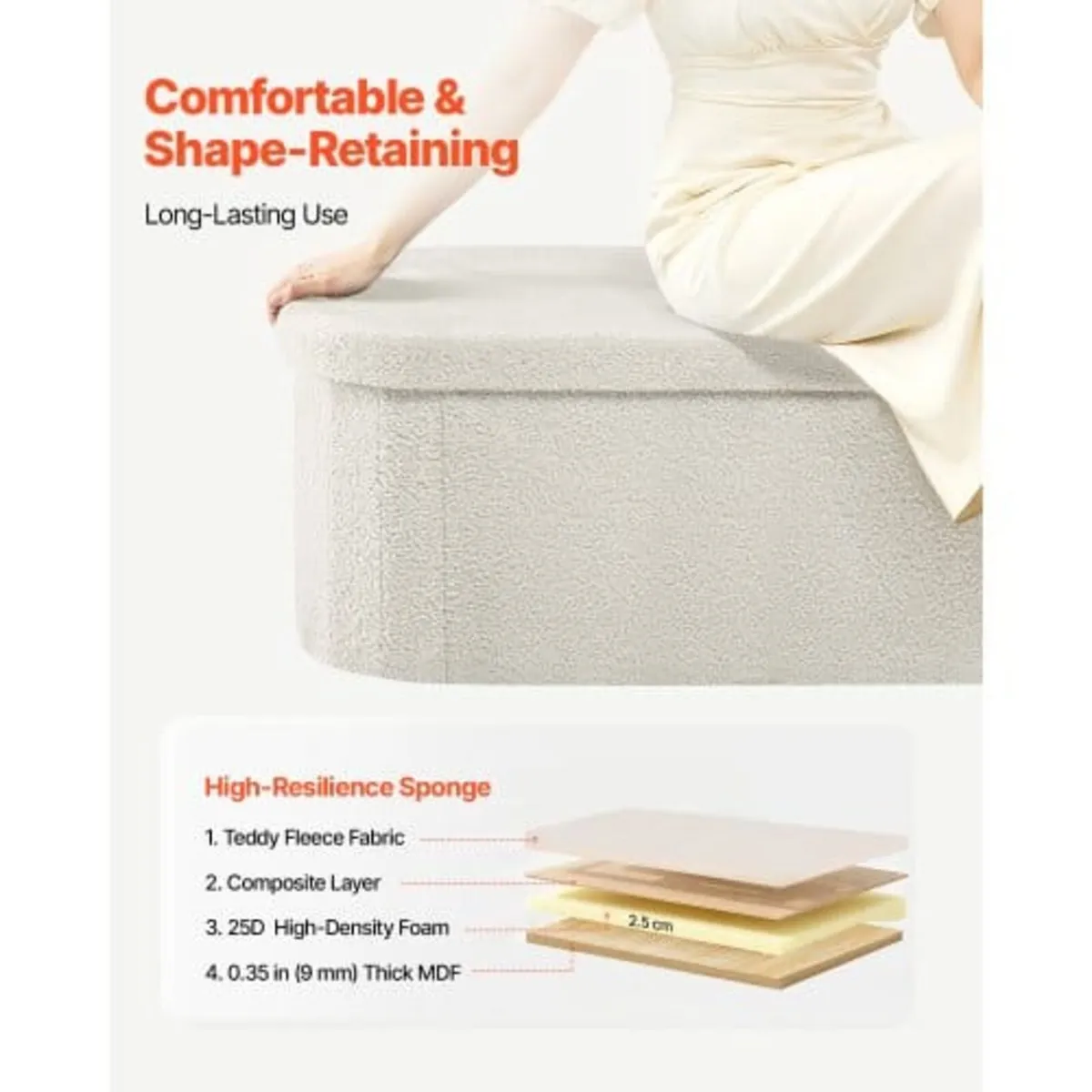 Oval Storage Ottoman Bench, Foldable Teddy Fleece - Image 2