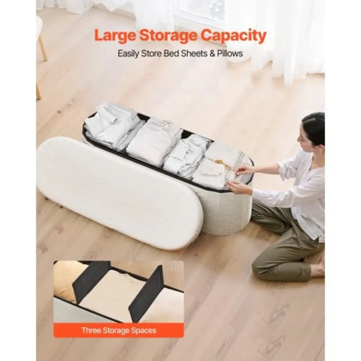 Oval Storage Ottoman Bench, Foldable Teddy Fleece - Image 3