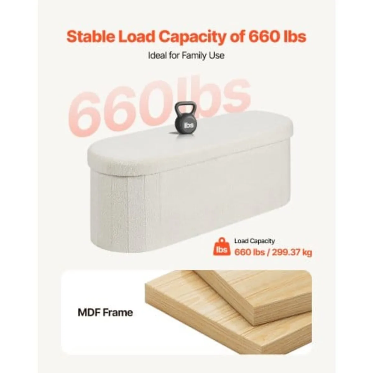Oval Storage Ottoman Bench, Foldable Teddy Fleece - Image 4