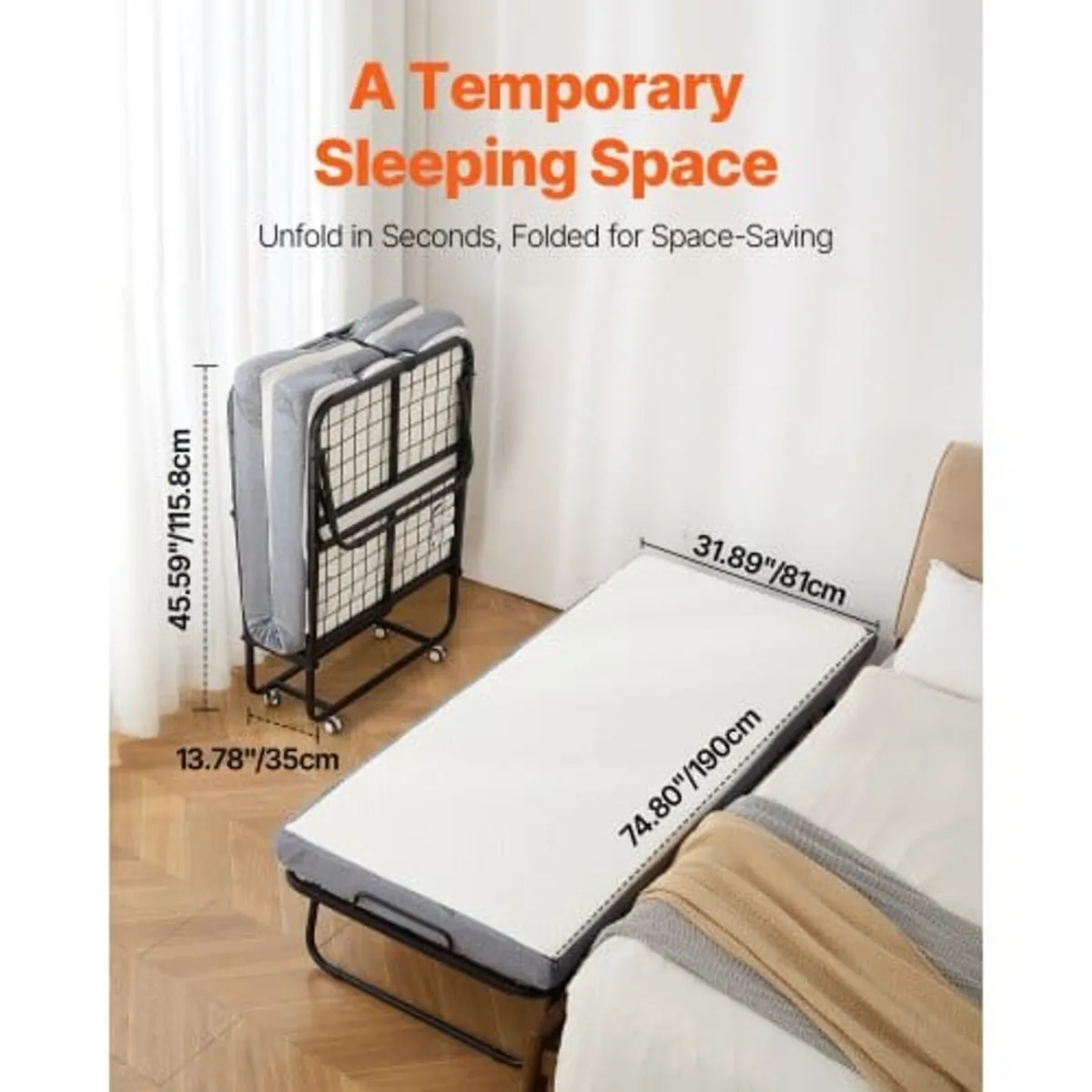 Rollaway Bed, 31 in x 75 in Folding Bed with 5 in - Image 3
