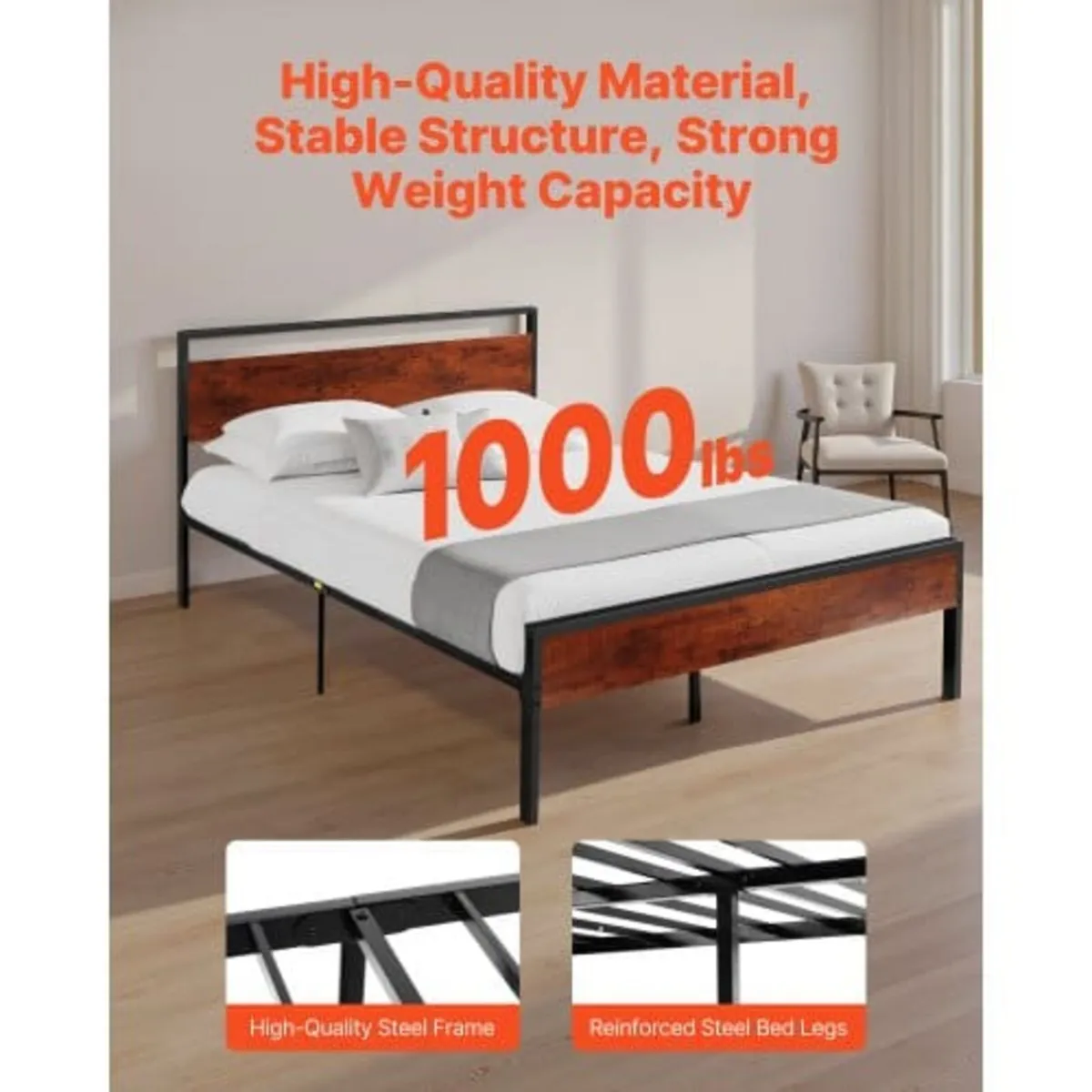 Queen Size Bed Frame, 35 cm Black Metal Platform B - Image 4