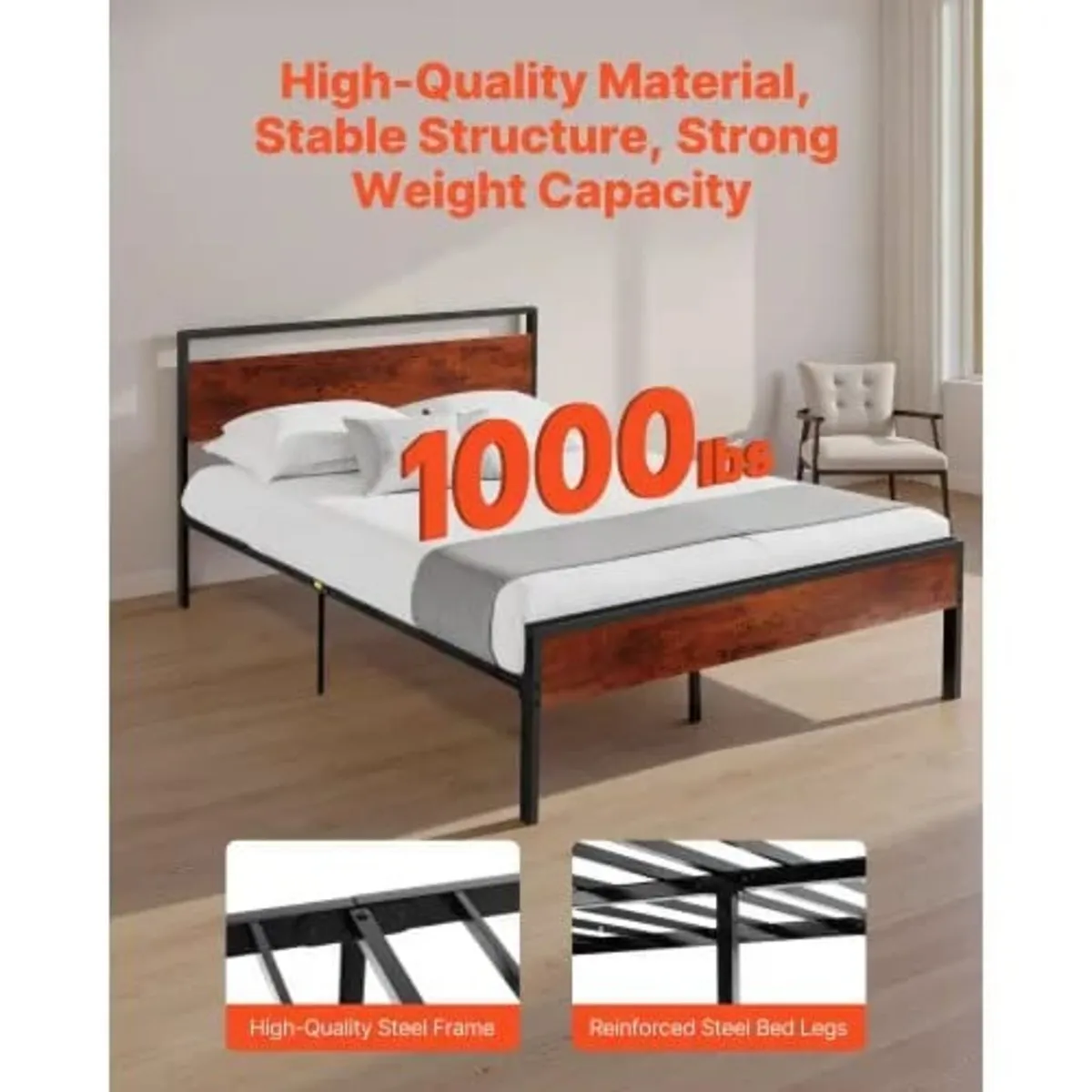Full Size Bed Frame, 35 cm Black Metal Platform Be - Image 3