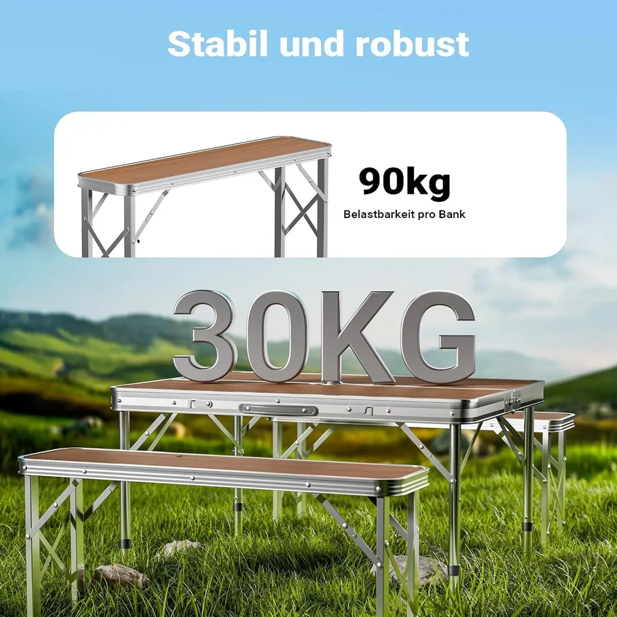 Camping Table Foldable Aluminium with 2 Seats - Image 4