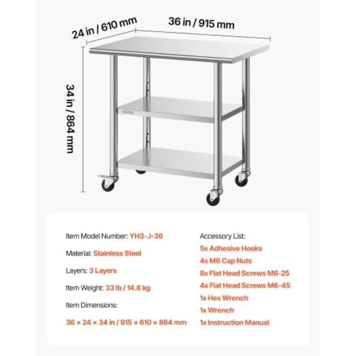 Stainless Steel Work Table, 61x91.5 cm Food Prep T - Image 4